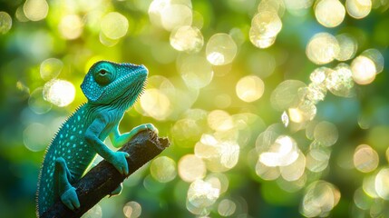 Wall Mural - Vibrant chameleon perched on a branch in a lush forest during golden hour