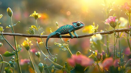 Wall Mural - Colorful chameleon perched on branch surrounded by vibrant flowers during golden hour