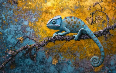 Wall Mural - Colorful chameleon resting on a branch in a vibrant and textured environment during daylight