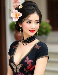 A Beautiful Japanese Women、Hair up、Earrings、necklace、A black cheongsam with open neckline and embroidered butterfly motifs、Flower decoration in hair、Lipstick is red