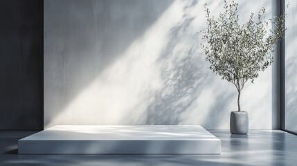 Wall Mural - A minimalist interior scene featuring a platform and a potted tree in soft natural light.