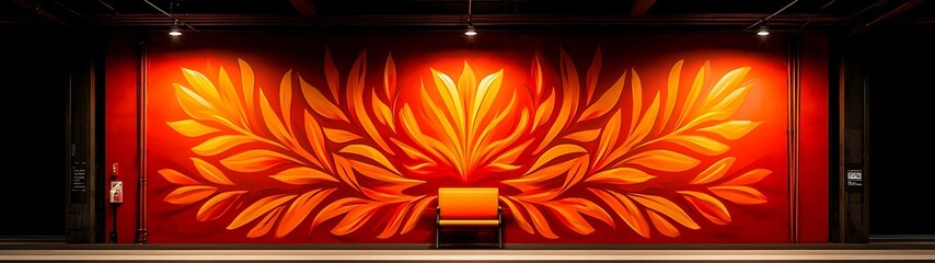 Wall Mural - a vibrant mural of golden leaves on a rich red background, illuminated by soft lighting, creating an