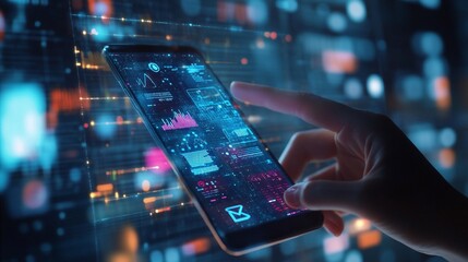 Hand using smartphone displaying digital data and graphs.