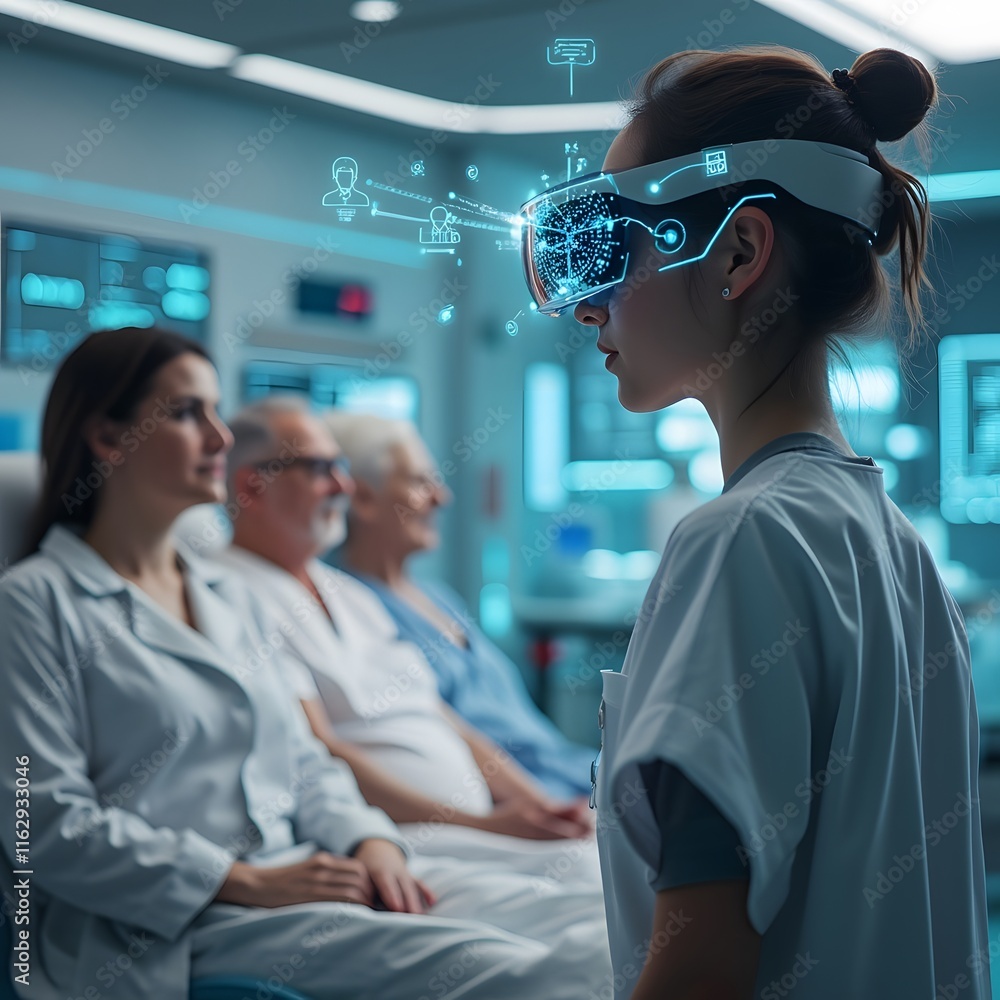 AI medical assistant diagnosing patients in a futuristic hospital ...