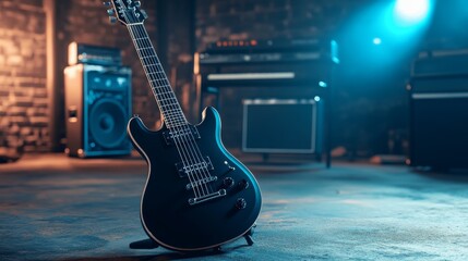 A sleek black electric guitar stands in a dimly lit studio, surrounded by amplifiers.