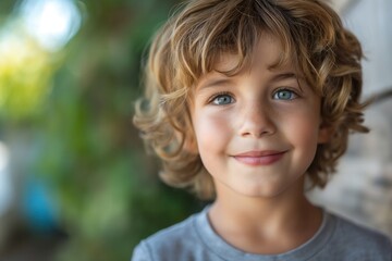 Smiling young boy curly blonde hair blue eyes casual attire outdoors natural light