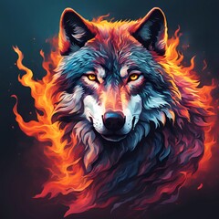 Naklejka na meble Fearless wolf, surrounded by a wave of fire and color.