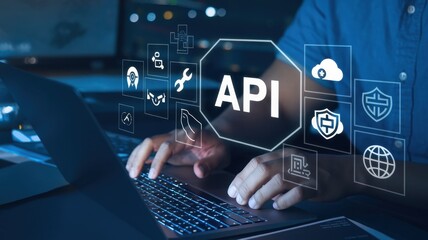 api application programming interface concept: programmer developing secure cloud applications