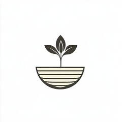 Wall Mural - Minimalist logo of a striped half-circle pot with a growing plant featuring bold leaves on a clean white background