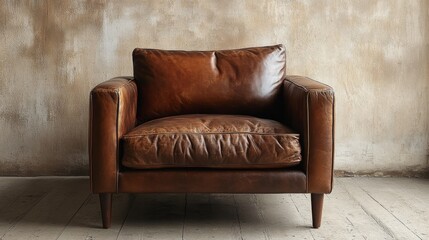 Poster - Elegant brown leather chair in a neutral toned living room with wooden floors