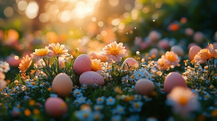 Wall Mural - Colorful Easter eggs among blooming flowers in a sunny garden setting