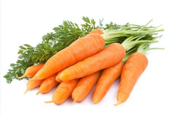 Wall Mural - Isolated carrots. Heap of fresh carrots with stems isolated on white background