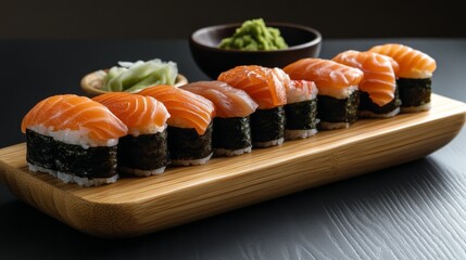 Sticker - Sushi platter featuring salmon nigiri and wasabi served in a modern setting