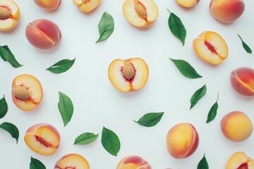 Wall Mural - Levitating peach isolated. Composition of peaches, peach halves and slices with green leaves on a white background.