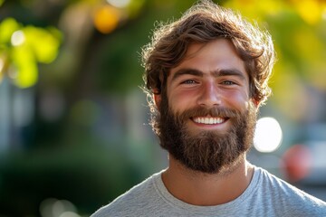 Wall Mural - Happy young man with a beard smiling outdoors in natural light