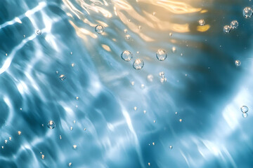 Wall Mural - blurred transparent blue colored clear calm water surface texture with splashes and bubbles. trendy 