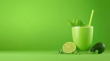 Refreshing green smoothie in a glass with a straw, garnished with spinach leaves and a lime wedge, alongside a sliced lime and a whole avocado on a vibrant green background