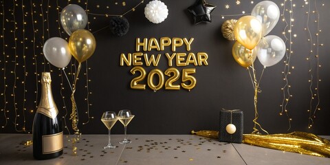 Wall Mural - Gold Happy New Year 2025 message balloons on a black background with decoration party. symbolizes the start of the new year.