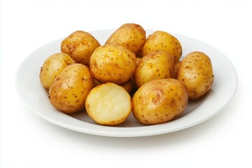 Wall Mural - Roasted potato on a plate top view isolated on white background