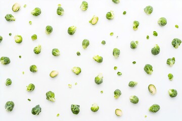 Wall Mural - scattered Brussels sprouts on isolated white background, top view