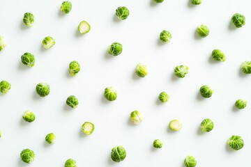 Wall Mural - scattered Brussels sprouts on isolated white background, top view