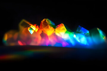 Wall Mural - blur colorful rainbow crystal light leaks on black background. defocused abstract multicolored retro