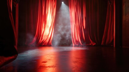 Wall Mural - Red stage curtains, spotlight, smoke, dark floor.