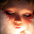 © Brittany - A close-up of a serene angelic face with glowing skin, soft white feathers framing the face.