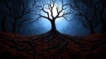 Wall Mural - A haunting tree with sprawling roots in a dark, moonlit forest creating an eerie atmosphere.