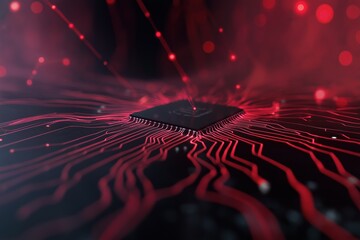 a computer chip is shown in red with a black background. the chip is surrounded by a red line, which