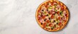 © The 2R Artificiality - Homemade pizza with diverse toppings on a marble background featuring ample space for text and branding opportunities