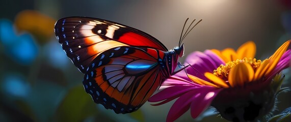 Wall Mural - A close up of a butterfly resting on a colorful flower highlighting the detailed patterns in its wings