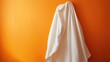 © The 2R Artificiality - Minimalist white towel hung against vibrant orange wall creating a striking contrast in a simple yet elegant backdrop design