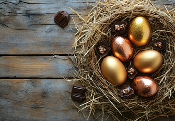 Luxury Easter Eggs in Hay Nest with Chocolate