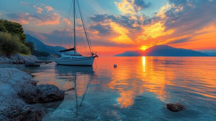 Sticker - Sailboat anchored in calm waters during a vibrant sunset by rocky coastline