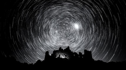 Wall Mural - A still of star trails captured over unique desert rock formations.