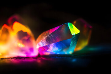 Wall Mural - blur colorful rainbow crystal light leaks on black background. defocused abstract multicolored retro