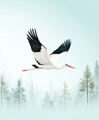 Flying stork against misty pine forest background