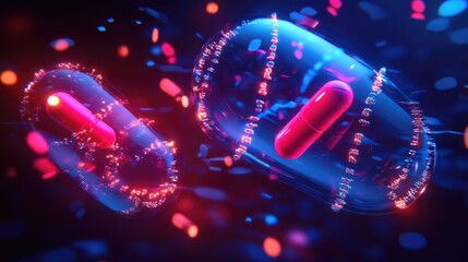 Wall Mural - abstract representation of capsules with glowing elements, suggesting pharmaceuticals or technology.