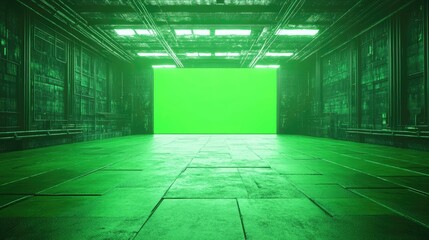 Wall Mural - Futuristic green lit tunnel with green screen.