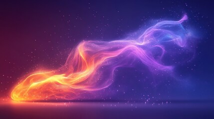 abstract glowing wave of vibrant orange and blue energy with particles.