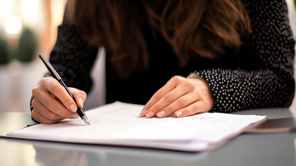 A businesswoman reviewing a document with a pen in hand while standing in front of a whiteboard in a corporate meeting room.