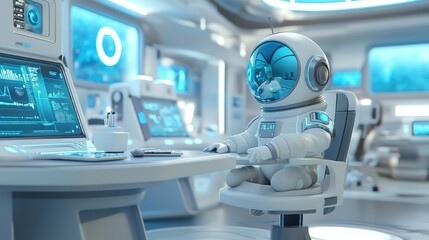 Cute cartoon astronaut dog sits at futuristic spaceship control panel.