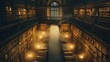© ShinneProject - A grand library filled with books, illuminated by warm lights and shrouded in mist.