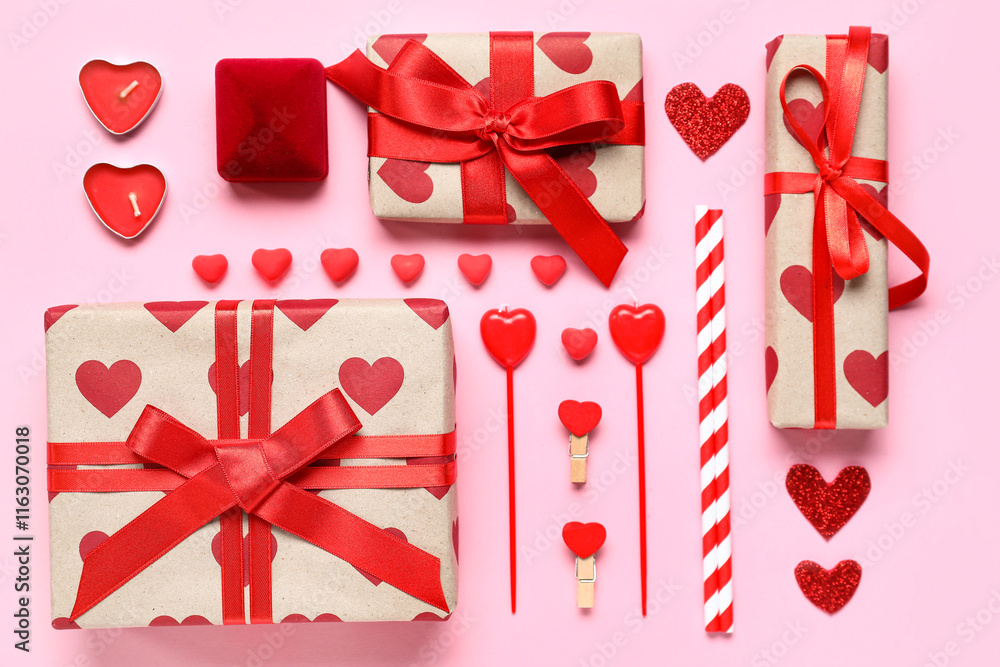 Composition with gifts, box for engagement ring and decor on color background. Valentine's Day celebration