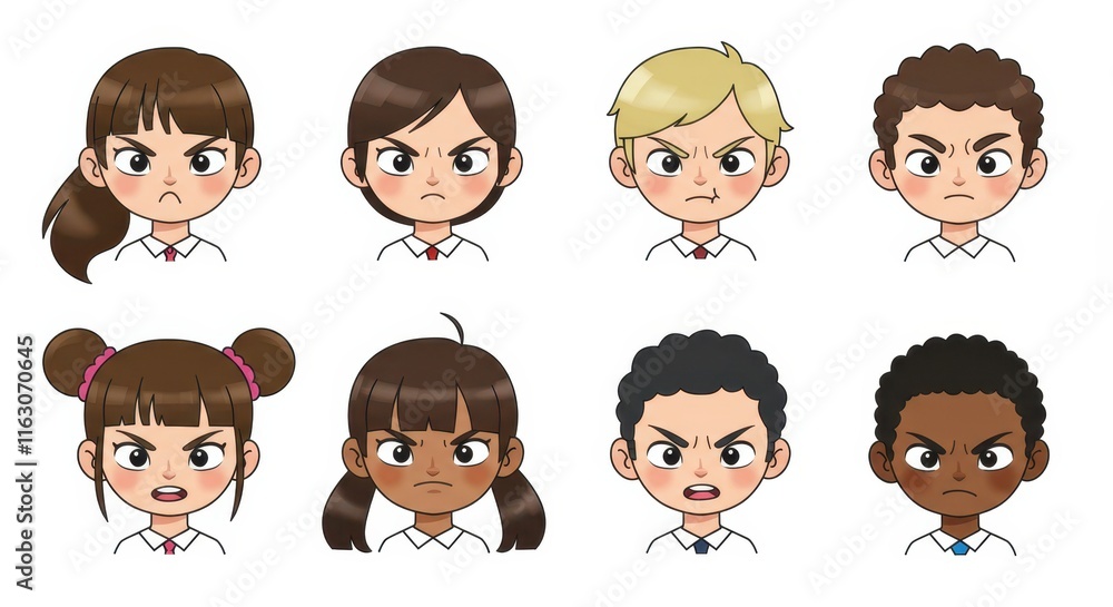 Animated children with angry expressions in various hairstyles and skin ...