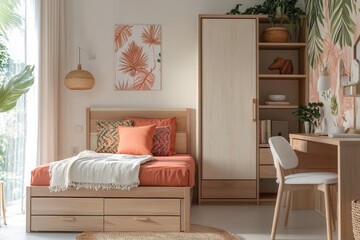 Wall Mural - Modern minimalist bedroom with coral highlights, natural light, and functional design elements