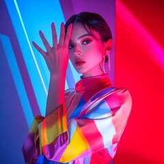 Female in colorful neon lighting with geometric shadows