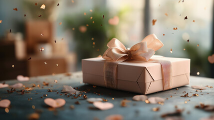 Canvas Print - A blush pink gift box with a satin ribbon sits on a table surrounded by confetti.