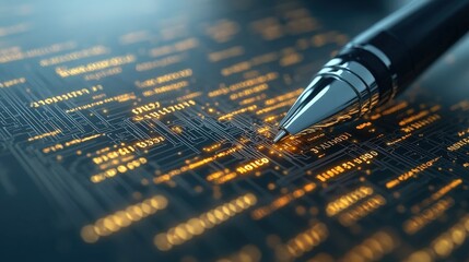Poster - Close-Up of a Modern Pen on a Technology-Themed Background with Glowing Circuit Patterns and Data Codes, Symbolizing Innovation and Digital Communication